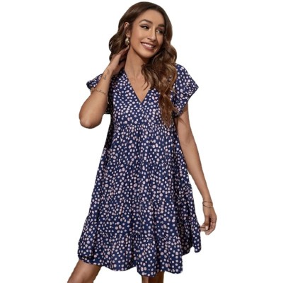Dots Pattern V Neck Smock Dress