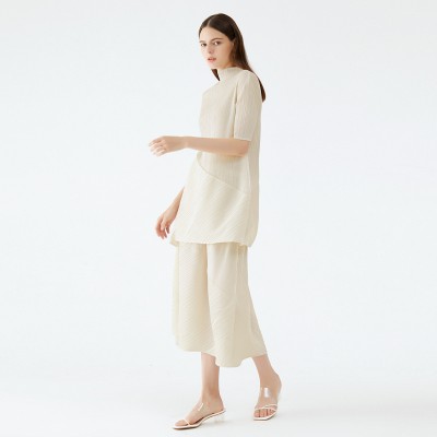 Pleated Stand Collar Short Sleeves Top With Elastic Waist Skirt Set