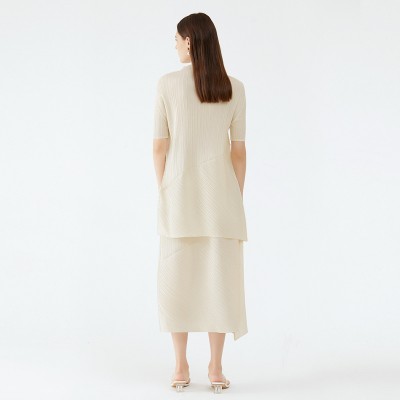 Pleated Stand Collar Short Sleeves Top With Elastic Waist Skirt Set