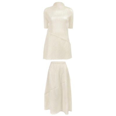 Pleated Stand Collar Short Sleeves Top With Elastic Waist Skirt Set
