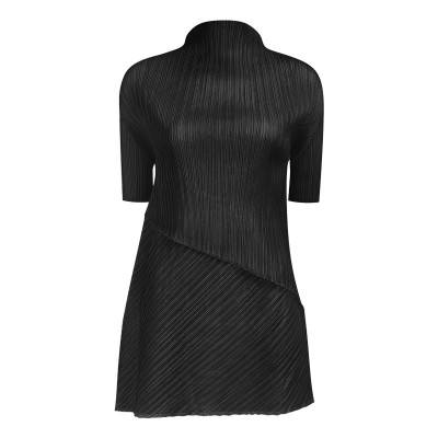Pleated Stand Collar Short Sleeves Top With Elastic Waist Skirt Set