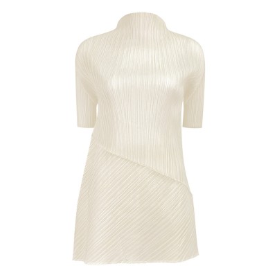 Pleated Stand Collar Short Sleeves Top With Elastic Waist Skirt Set