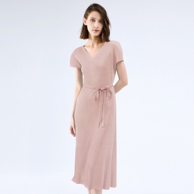 Solid Plisse Drop Shoulder V Neck Belted Dress