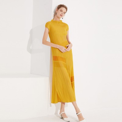 Stand Collar Color Block Plisse Dress